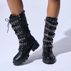 AZALEA WANG Black & Silver Vegan Leather Rhinestone Buckle Boots